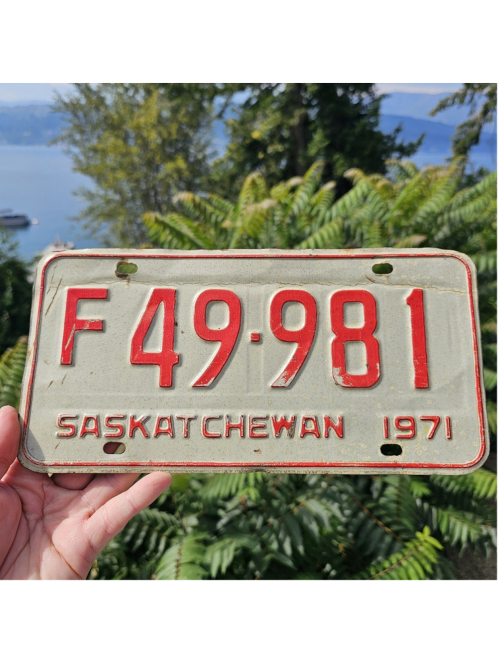 Vintage 1971 Saskatchewan FARM License Plate F 49-981 Red White Canada Metal